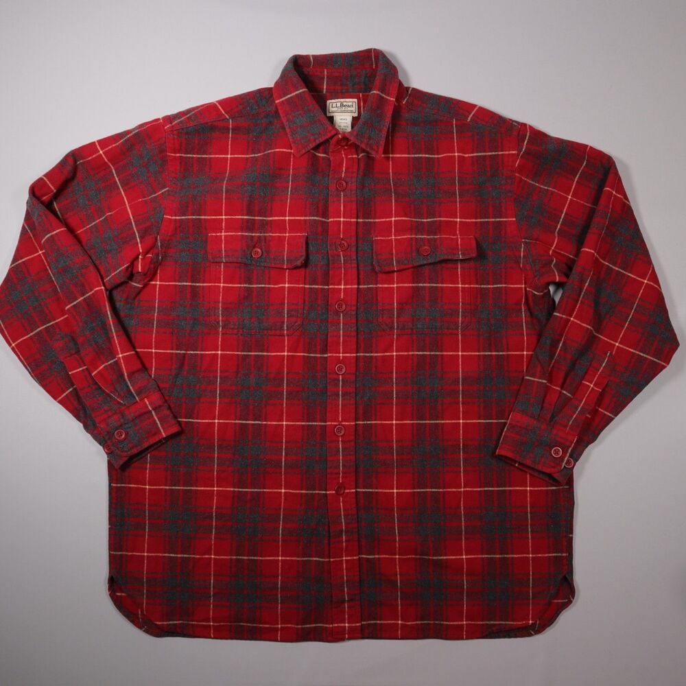 VTG LL Bean Flannel Shirt Red Plaid Cotton Long Sleeve Bulgaria Mens Large L